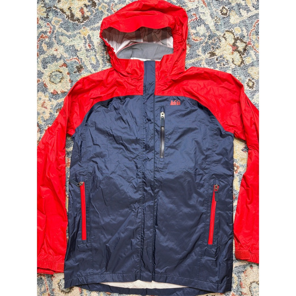 REI Rain Jacket Boys XL 18 Red Navy Blue Waterproof Hooded